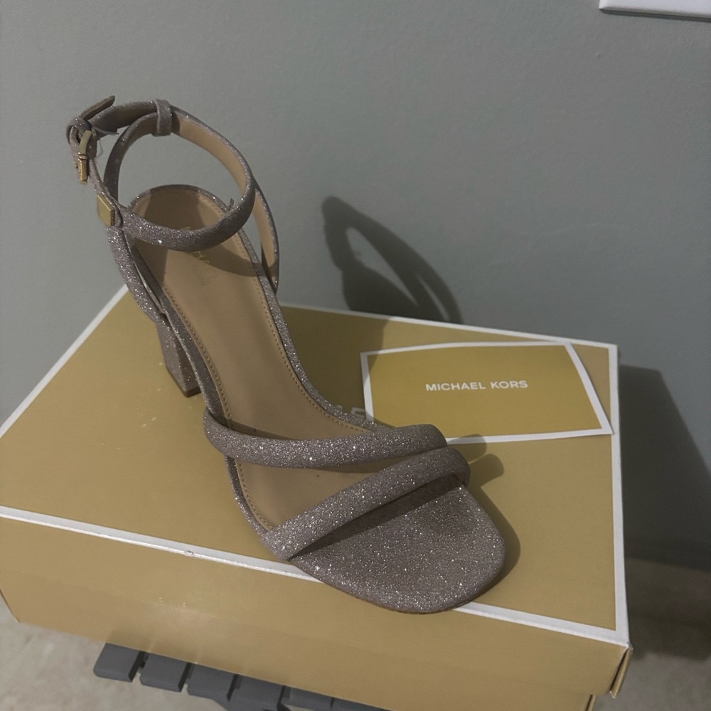 Michael Kors Glitter Strappy Ankle-Heel Sandals in Taupe